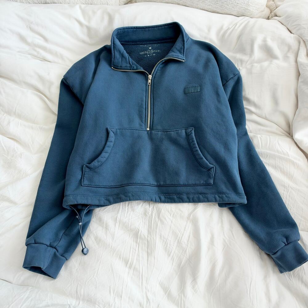 Set Active Blue Cotton Cropped Quarter Zip Sweatshirt Size M